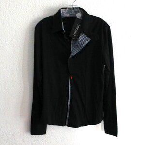 W[d^blju:], men's black button-up long sleeve shirt with blue/white plaid design